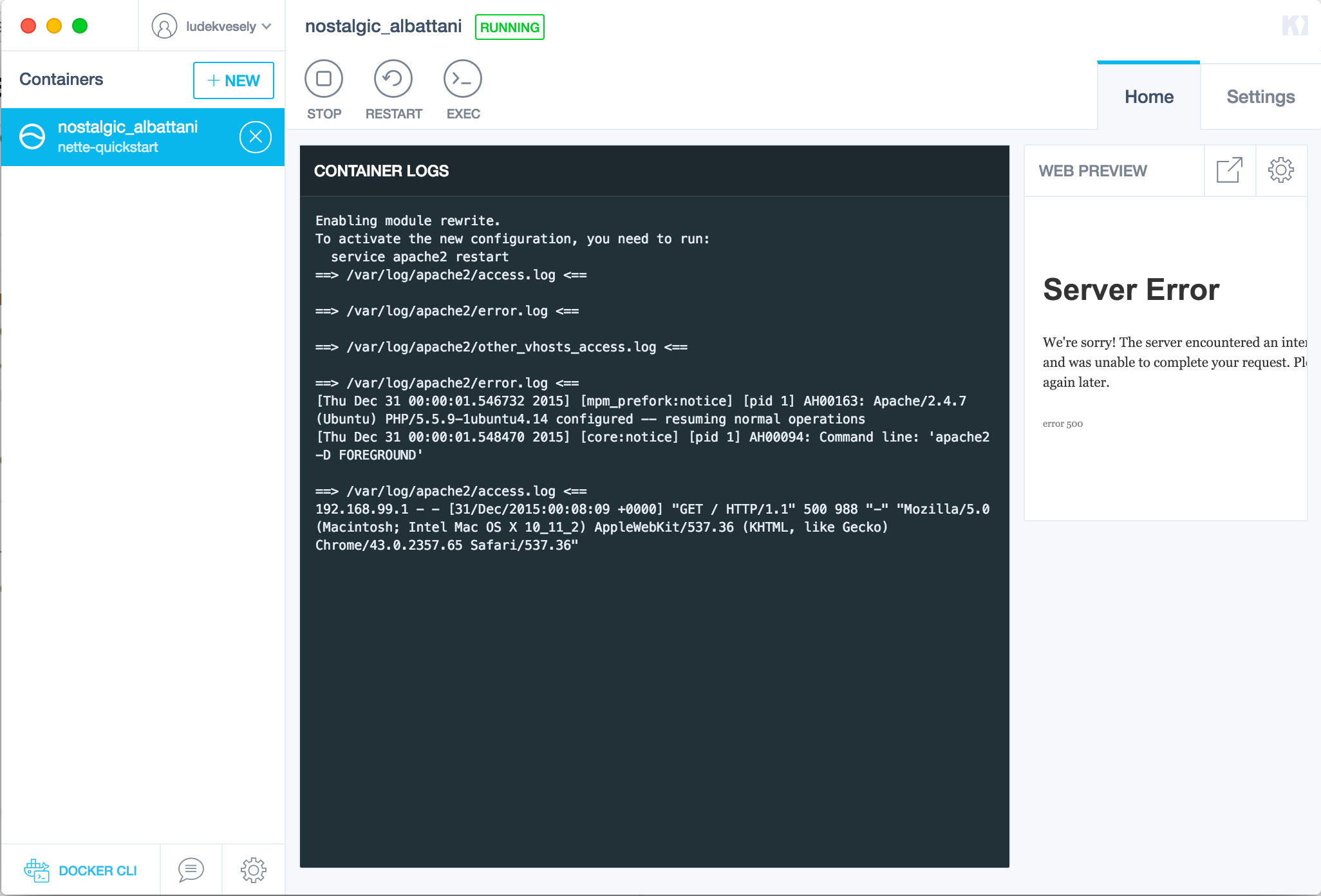 Nette quickstart - Docker Kitematic