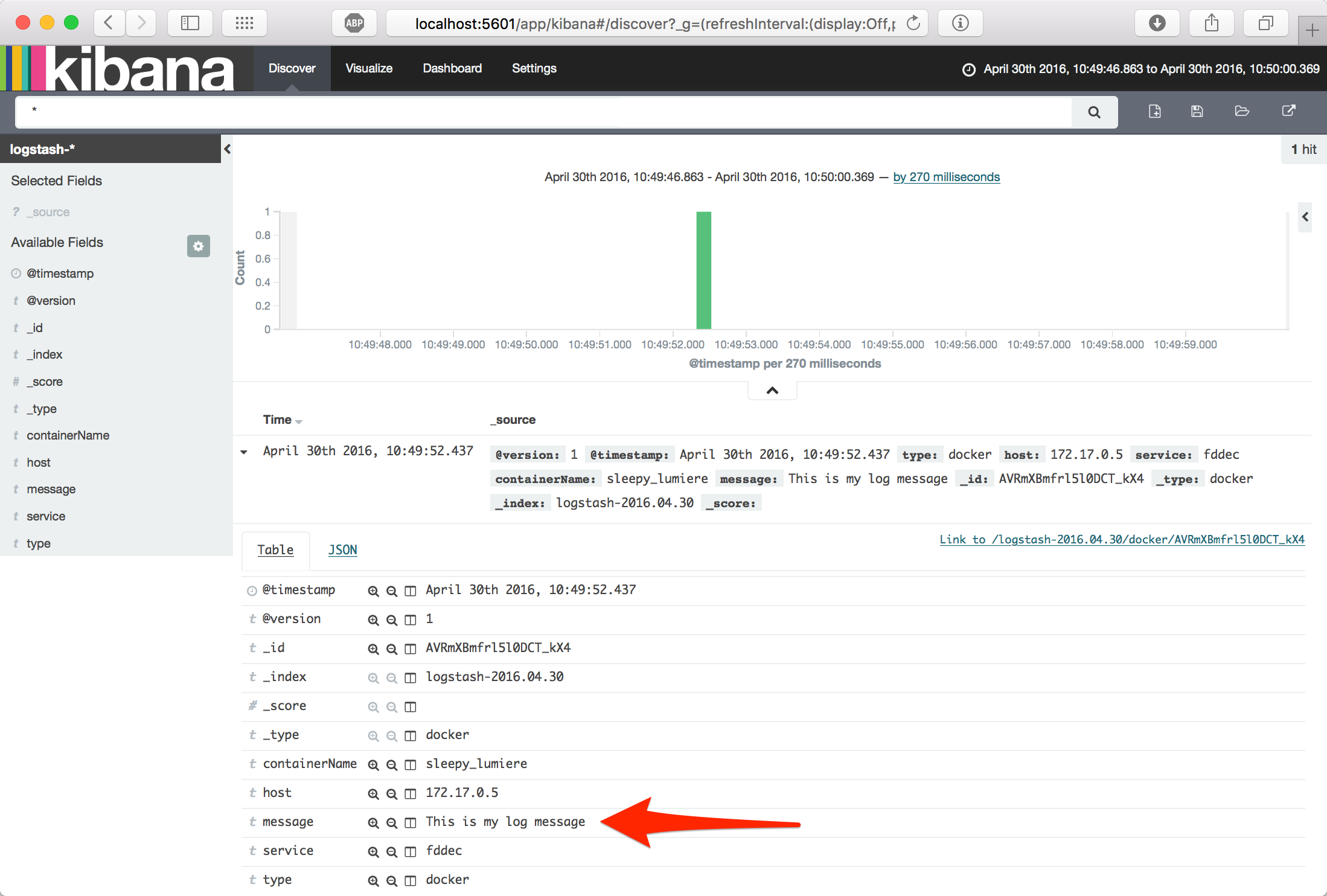 Kibana: zalogovaná zpráva